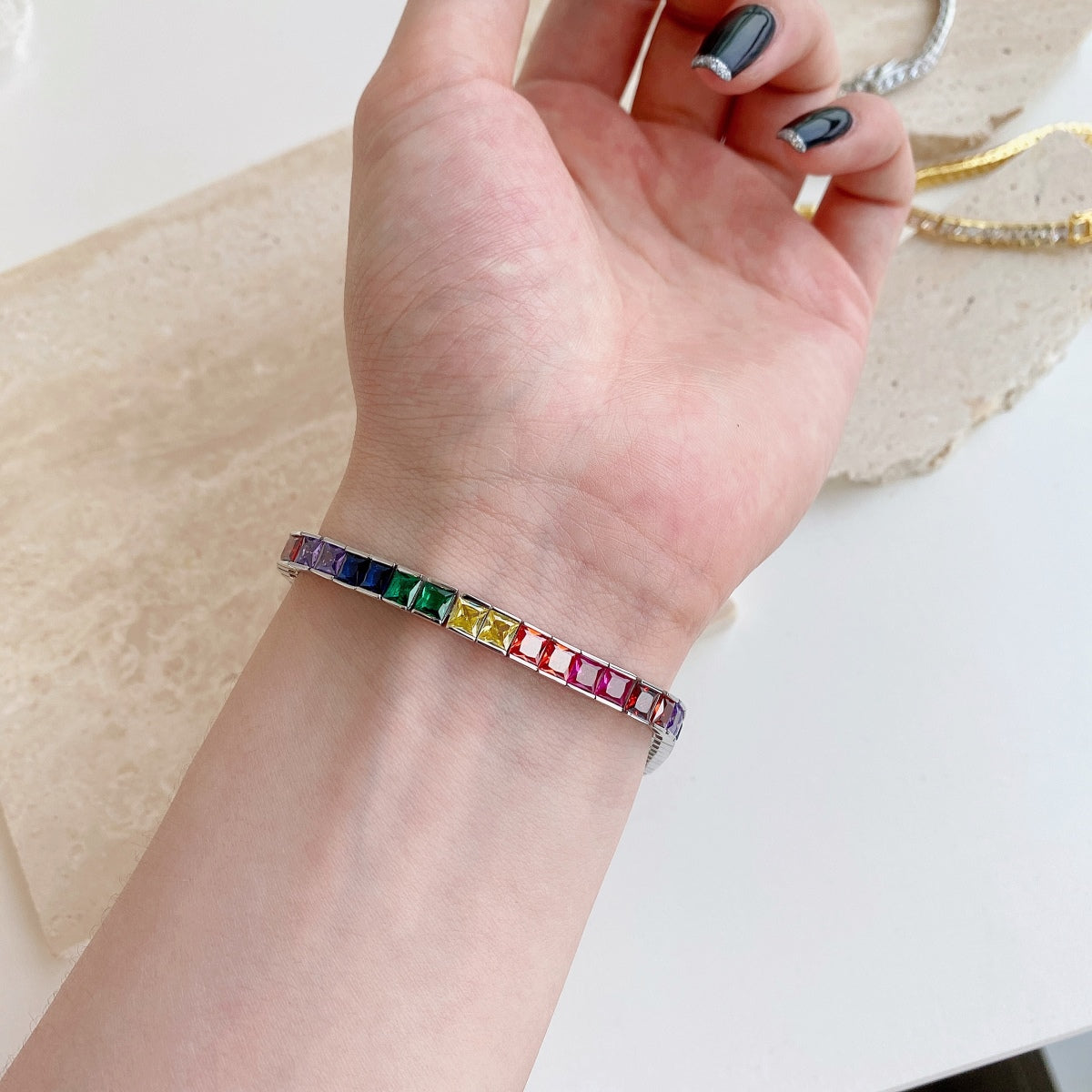 [Vivid Aurora]Radiant Colorful Princess Cut Tennis Bracelet